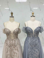 Luxurious Champagne Beaded Off-the-Shoulder Prom Dress with Tulle Train