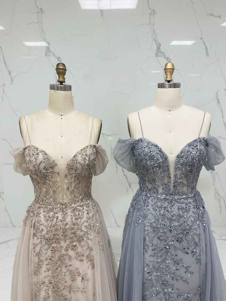 Luxurious Champagne Beaded Off-the-Shoulder Prom Dress with Tulle Train