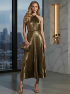 Luxurious Champagne-Gold Pleated Halter Midi Prom Dress