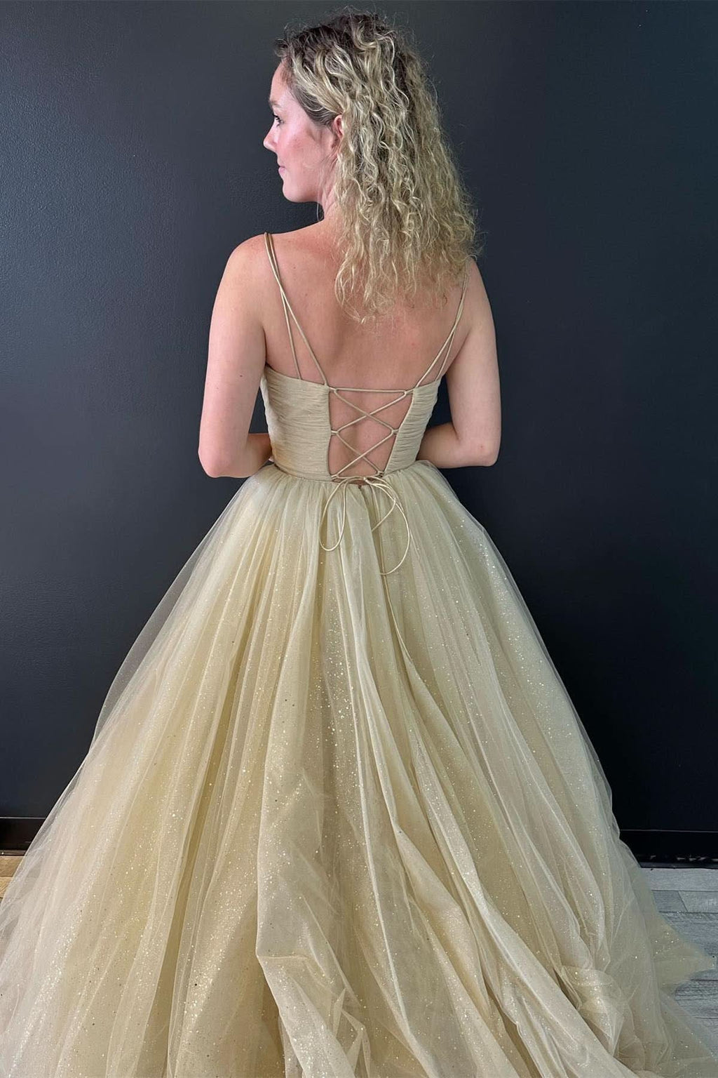 Lovely A-Line V Neck Glitter Tulle Prom Dress with Lace-up Back BM bride