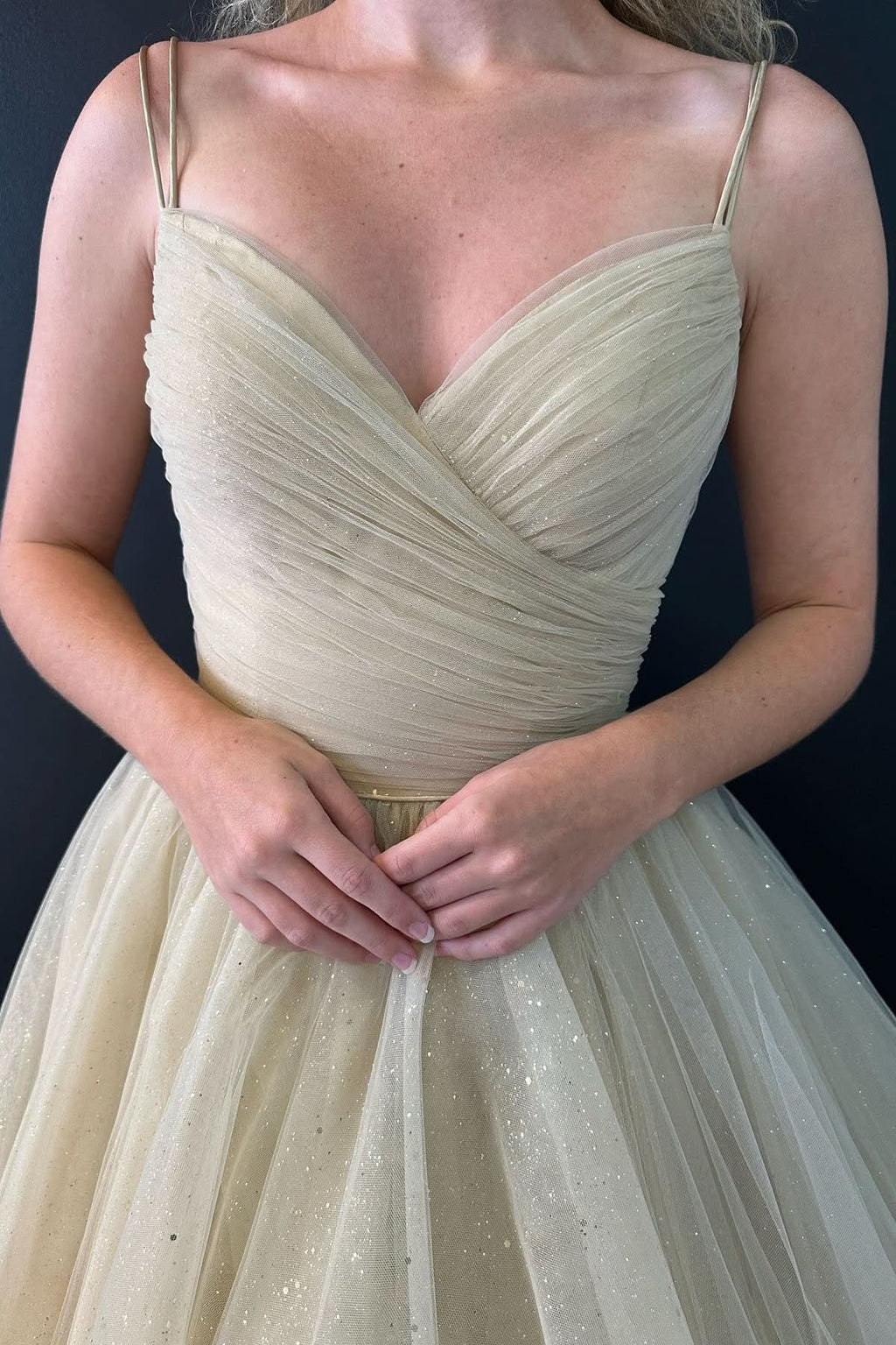 Lovely A-Line V Neck Glitter Tulle Prom Dress with Lace-up Back BM bride