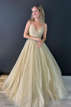 Lovely A-Line V Neck Glitter Tulle Prom Dress with Lace-up Back BM bride