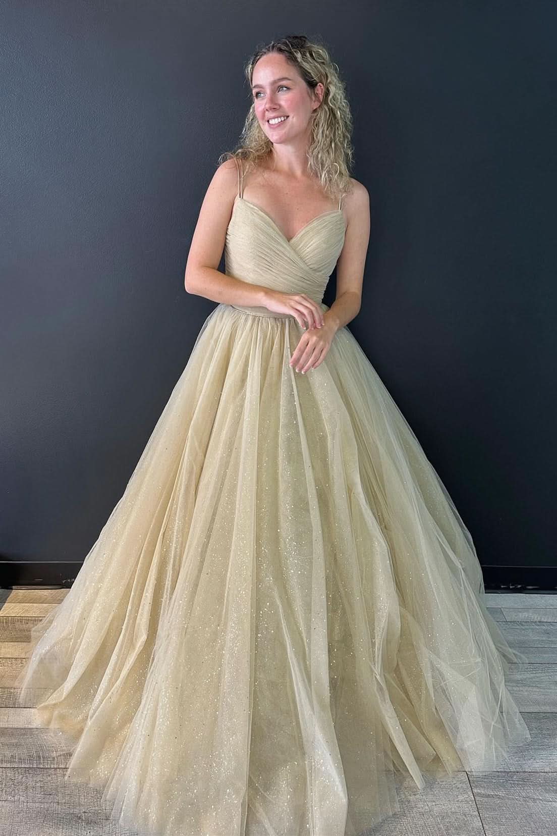 Lovely A-Line V Neck Glitter Tulle Prom Dress with Lace-up Back BM bride