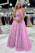 Charming A-Line Strapless Printed Glitter Tulle Prom Dress BM bride