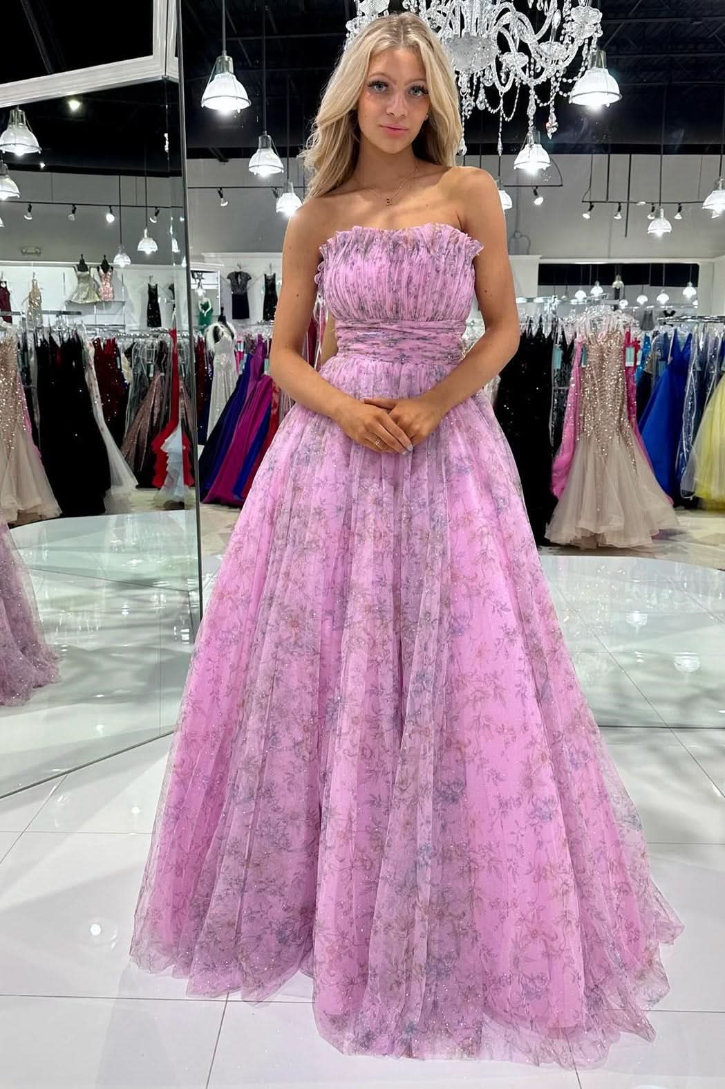 Charming A-Line Strapless Printed Glitter Tulle Prom Dress BM bride