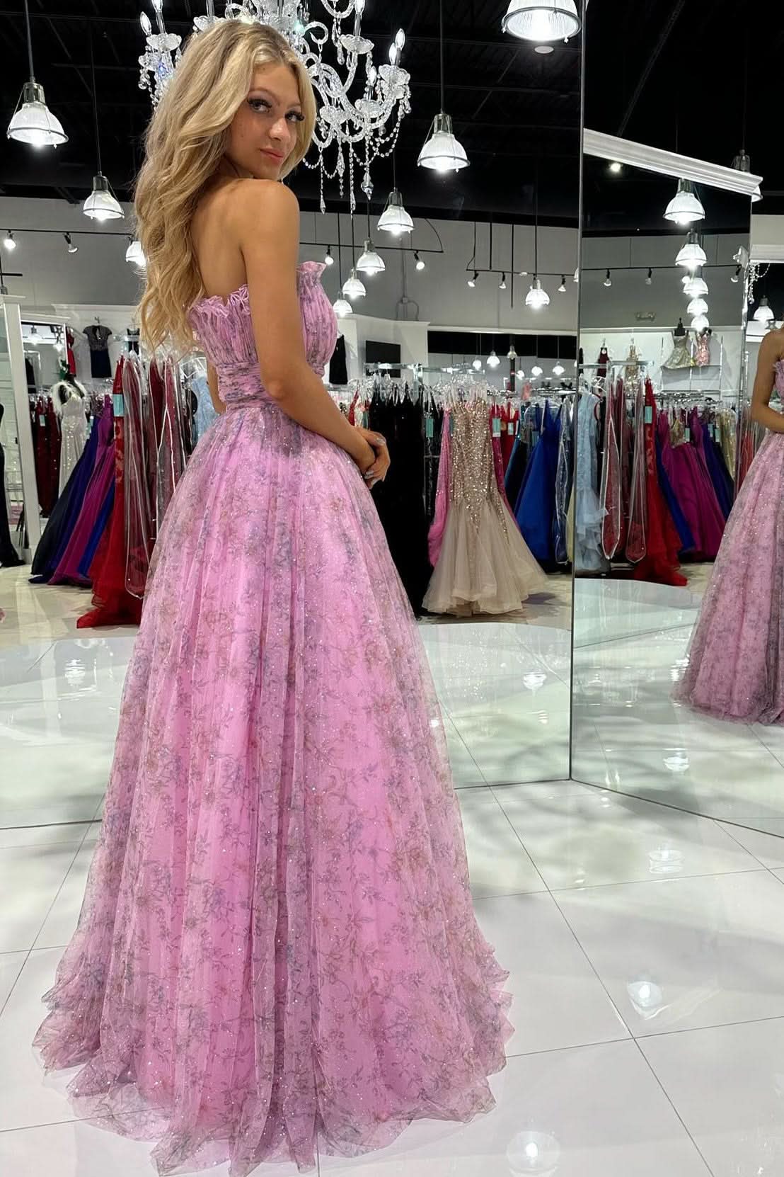 Charming A-Line Strapless Printed Glitter Tulle Prom Dress BM bride