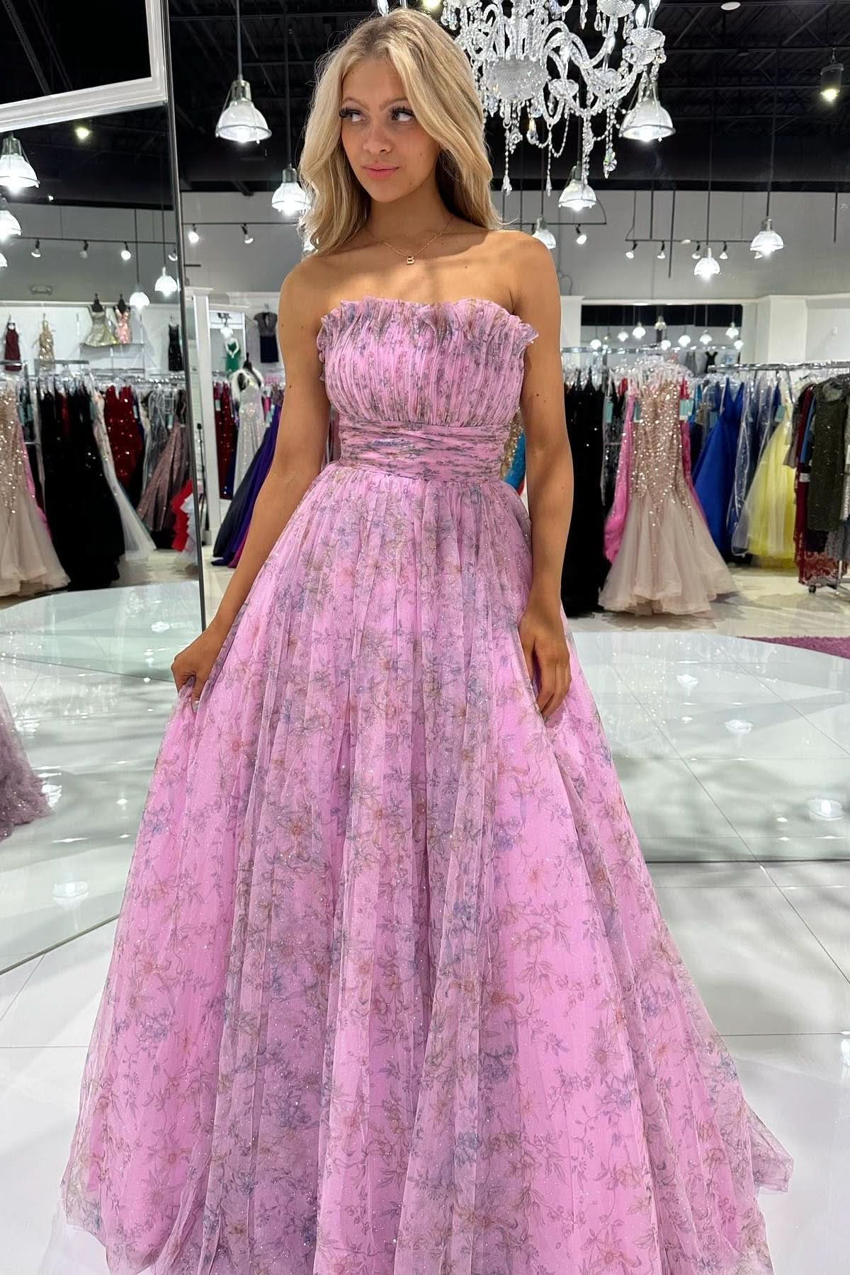 Charming A-Line Strapless Printed Glitter Tulle Prom Dress BM bride
