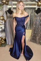 Stunning Navy Blue Appliques Off-the-Shoulder Long Prom Dress with Slit BM bride