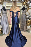 Stunning Navy Blue Appliques Off-the-Shoulder Long Prom Dress with Slit BM bride