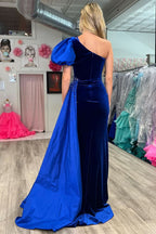 Elegant Royal Blue Velvet One-Shoulder Long Formal Dress with Attached Train BM bride