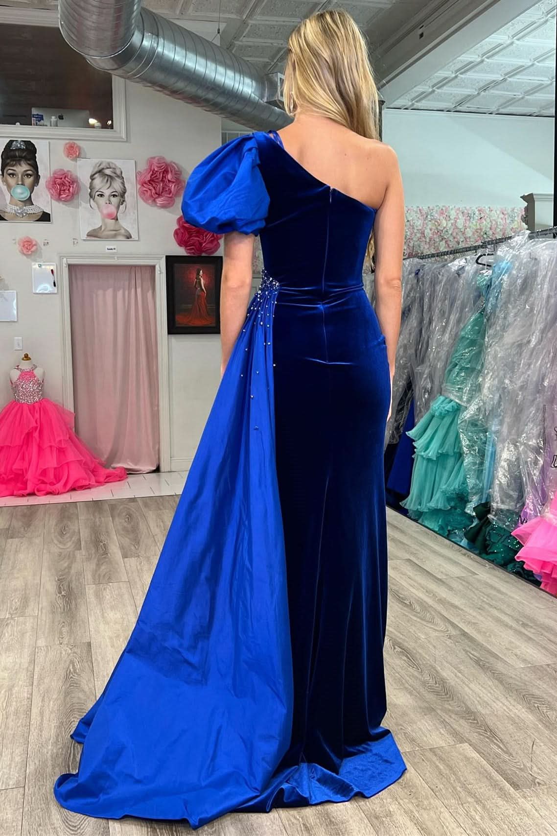 Elegant Royal Blue Velvet One-Shoulder Long Formal Dress with Attached Train BM bride
