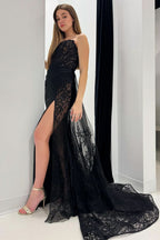 Elegant Black Lace Strapless Long Formal Dress with Attached Train BM bride
