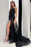 Elegant Black Lace Strapless Long Formal Dress with Attached Train BM bride