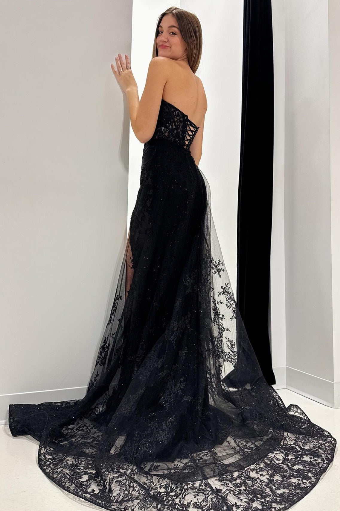 Elegant Black Lace Strapless Long Formal Dress with Attached Train BM bride