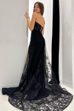 Elegant Black Lace Strapless Long Formal Dress with Attached Train BM bride