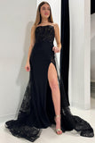 Elegant Black Lace Strapless Long Formal Dress with Attached Train BM bride