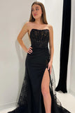 Elegant Black Lace Strapless Long Formal Dress with Attached Train BM bride