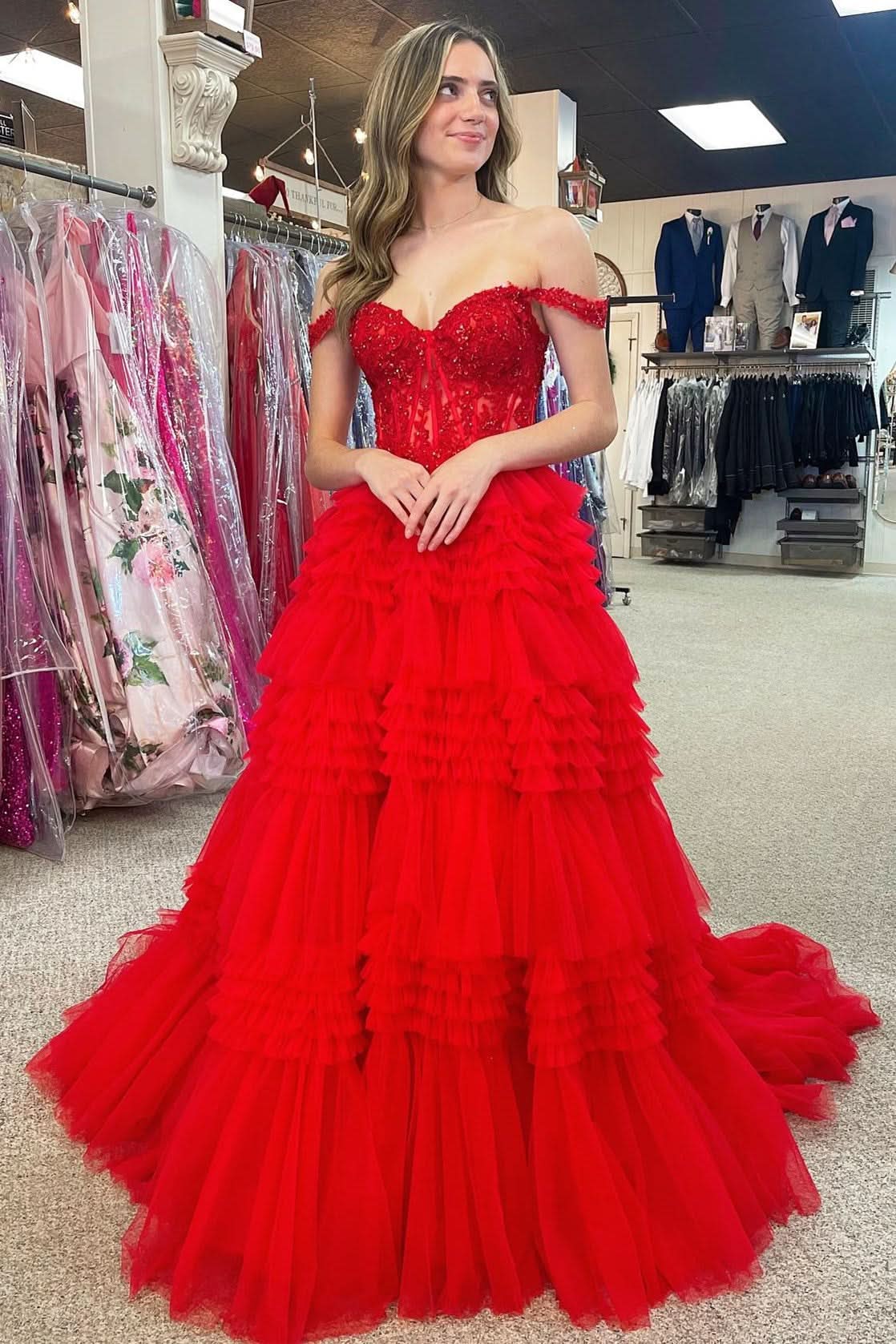 Elegant Red Tulle Off-the-Shoulder Ruffle Tiered Long Prom Dress BM bride