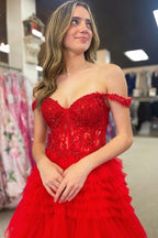 Elegant Red Tulle Off-the-Shoulder Ruffle Tiered Long Prom Dress BM bride