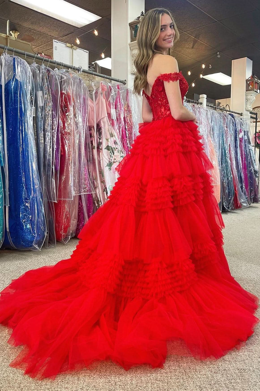 Elegant Red Tulle Off-the-Shoulder Ruffle Tiered Long Prom Dress BM bride