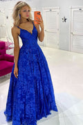 Stunning Royal Blue Sequin Lace V-Neck A-Line Long Prom Dress BM bride