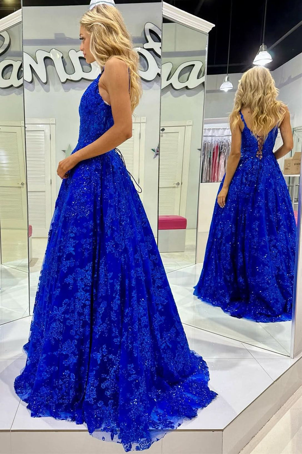Stunning Royal Blue Sequin Lace V-Neck A-Line Long Prom Dress BM bride