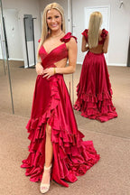 Bold Red Cutout Ruffle A-Line Long Prom Dress with Slit BM bride