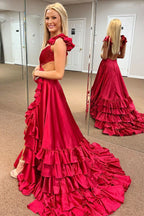 Bold Red Cutout Ruffle A-Line Long Prom Dress with Slit BM bride