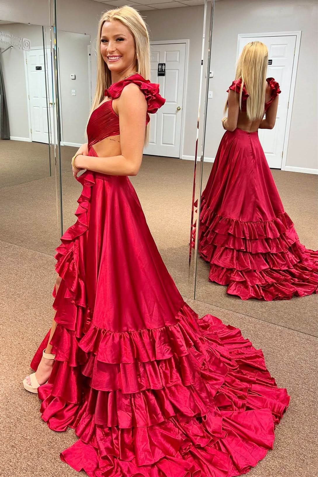 Bold Red Cutout Ruffle A-Line Long Prom Dress with Slit BM bride