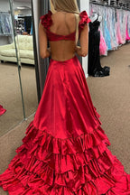 Bold Red Cutout Ruffle A-Line Long Prom Dress with Slit BM bride
