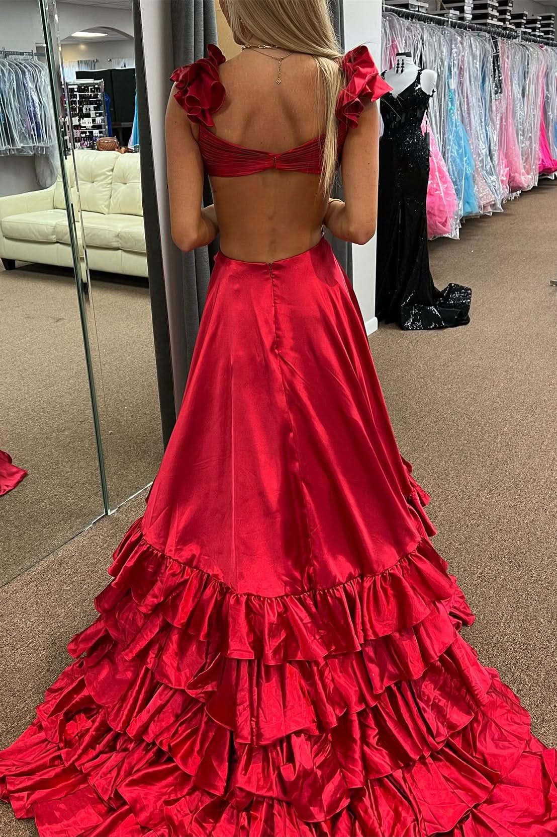 Bold Red Cutout Ruffle A-Line Long Prom Dress with Slit BM bride