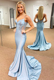 Charming Blue V-Neck Sheer Side Trumpet Long Formal Dress BM bride
