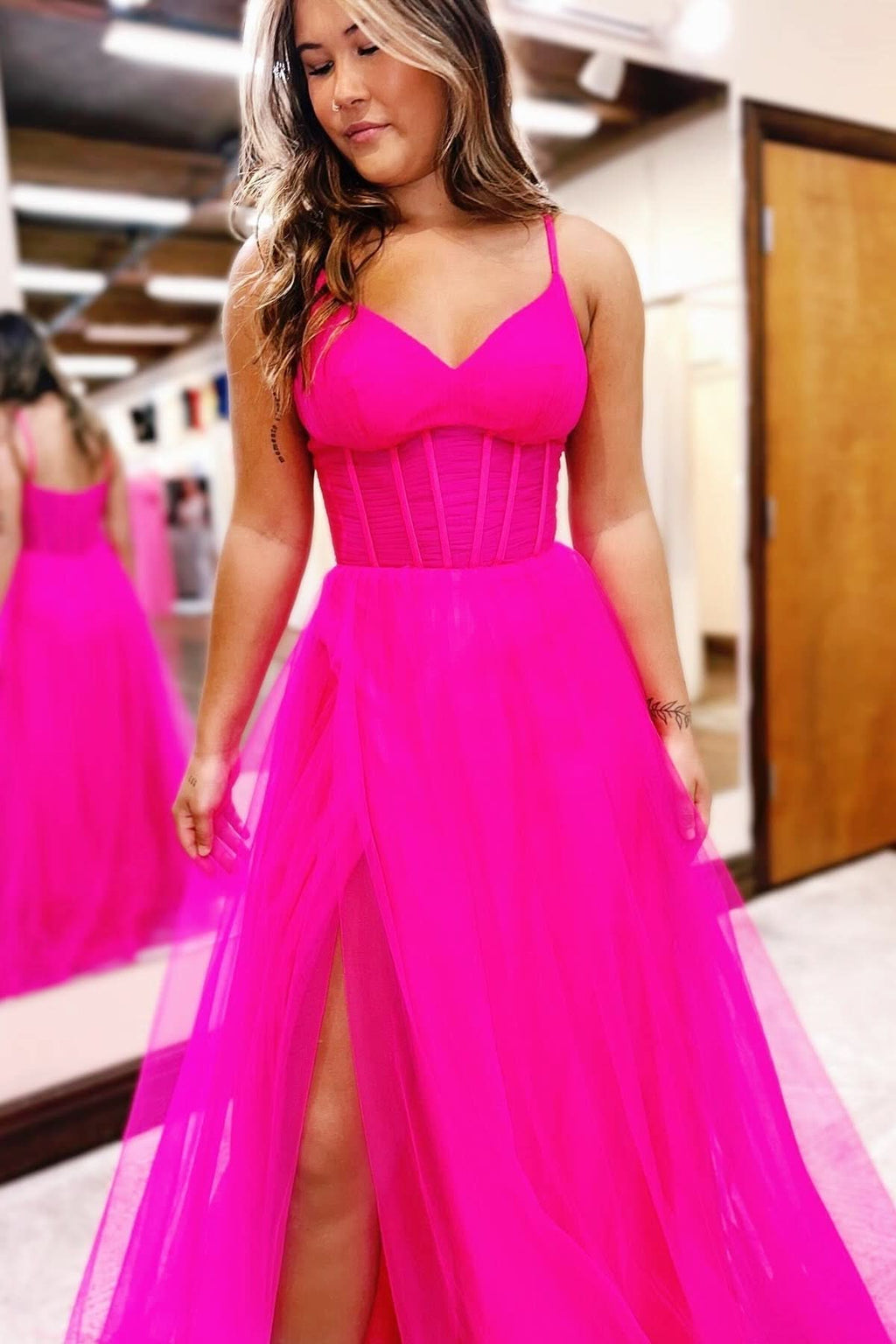 Gorgeous Fuchsia V-Neck Sheer Bodice A-Line Long Prom Dress with Slit BM bride