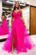 Gorgeous Fuchsia V-Neck Sheer Bodice A-Line Long Prom Dress with Slit BM bride
