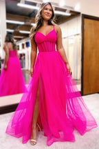 Gorgeous Fuchsia V-Neck Sheer Bodice A-Line Long Prom Dress with Slit BM bride