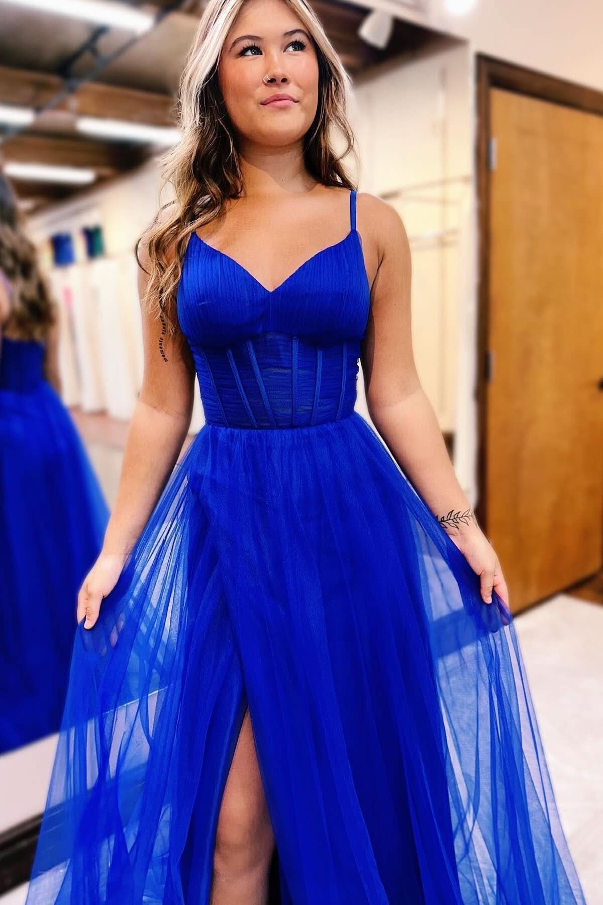 Gorgeous Fuchsia V-Neck Sheer Bodice A-Line Long Prom Dress with Slit BM bride