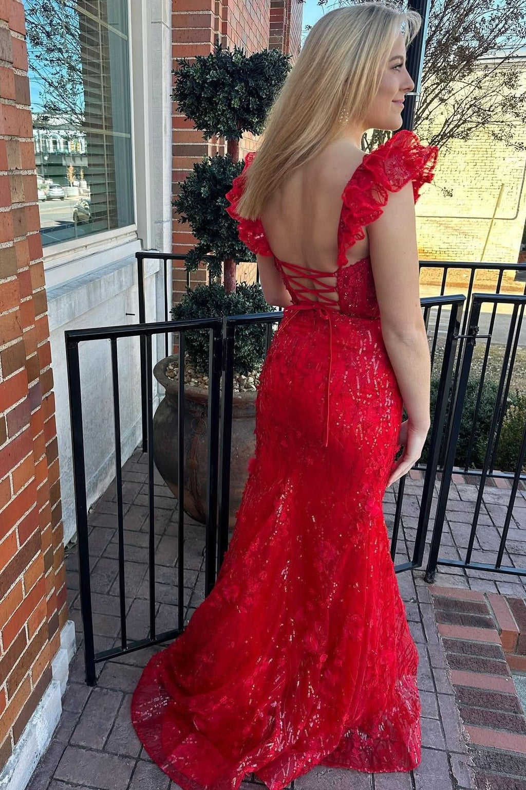 Lovely Red Appliques Sweetheart Flutter Sleeve Mermaid Long Prom Dress BM bride