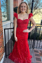 Lovely Red Appliques Sweetheart Flutter Sleeve Mermaid Long Prom Dress BM bride