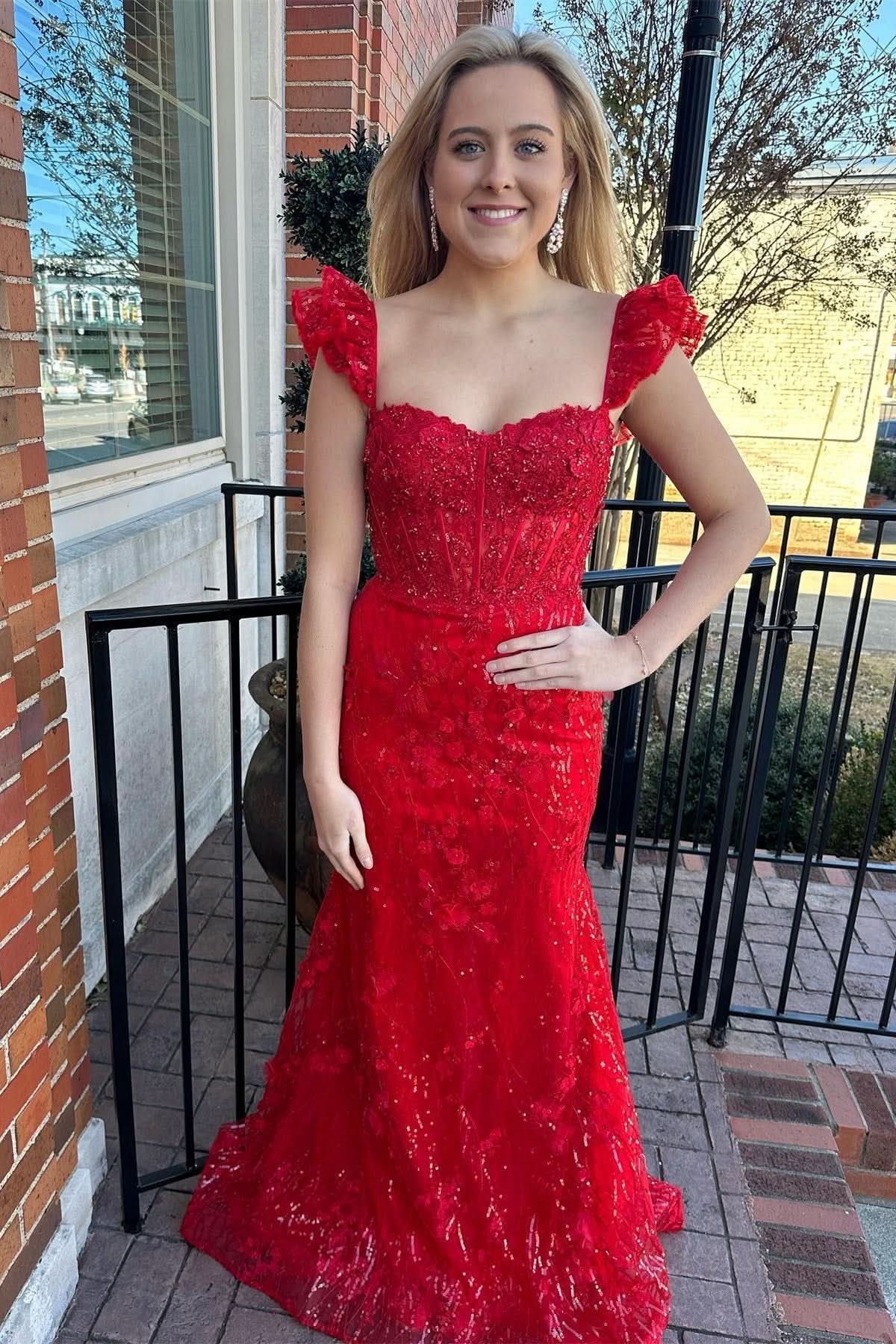 Lovely Red Appliques Sweetheart Flutter Sleeve Mermaid Long Prom Dress BM bride