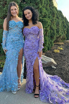 Delightful 3D Floral Lace Strapless Long Prom Dress with Detachable Sleeves BM bride