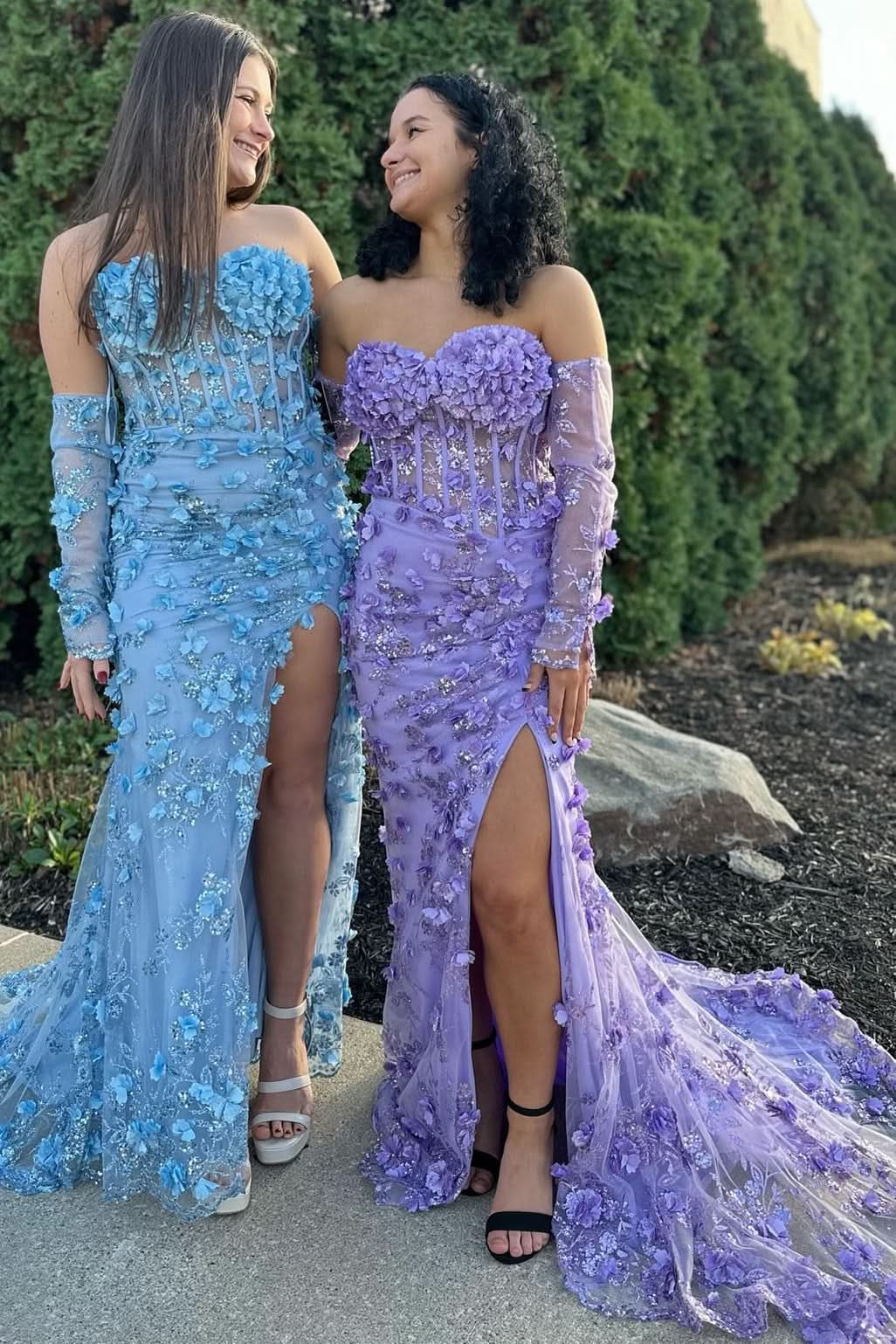 Delightful 3D Floral Lace Strapless Long Prom Dress with Detachable Sleeves BM bride