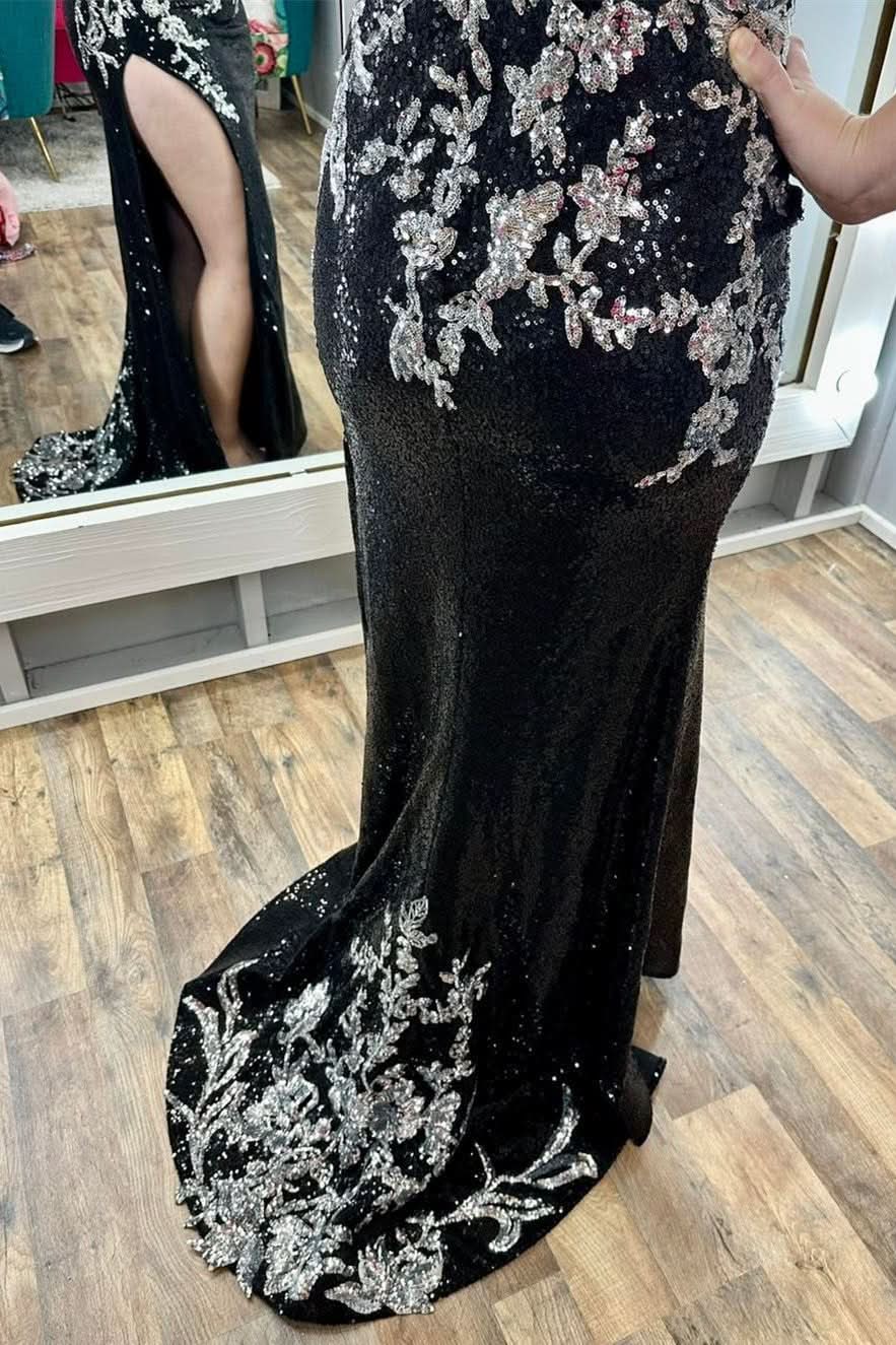 Stylish Black Sequin Appliques Spaghetti Strap Long Prom Dress with Slit BM bride