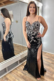 Stylish Black Sequin Appliques Spaghetti Strap Long Prom Dress with Slit BM bride