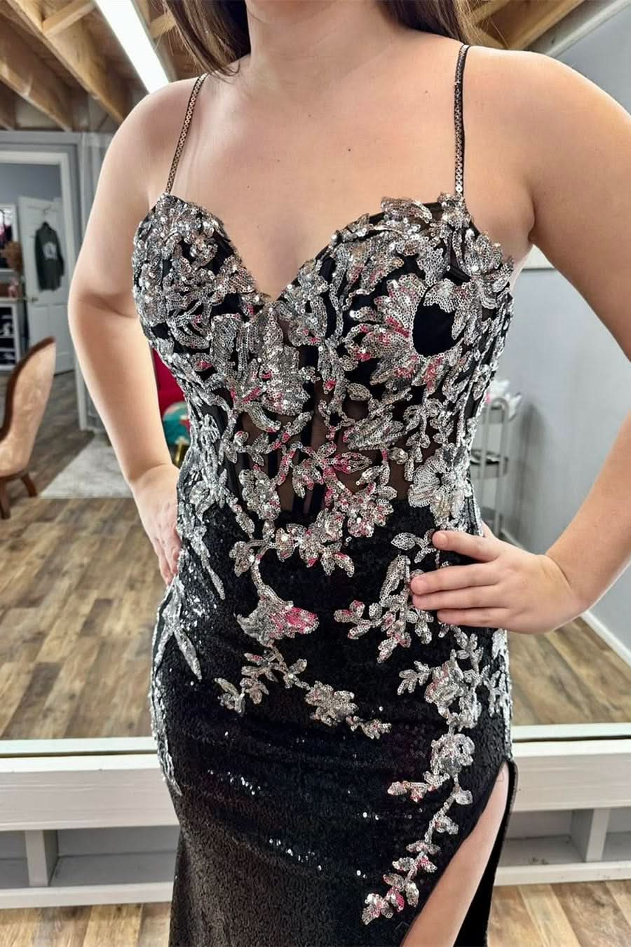 Stylish Black Sequin Appliques Spaghetti Strap Long Prom Dress with Slit BM bride