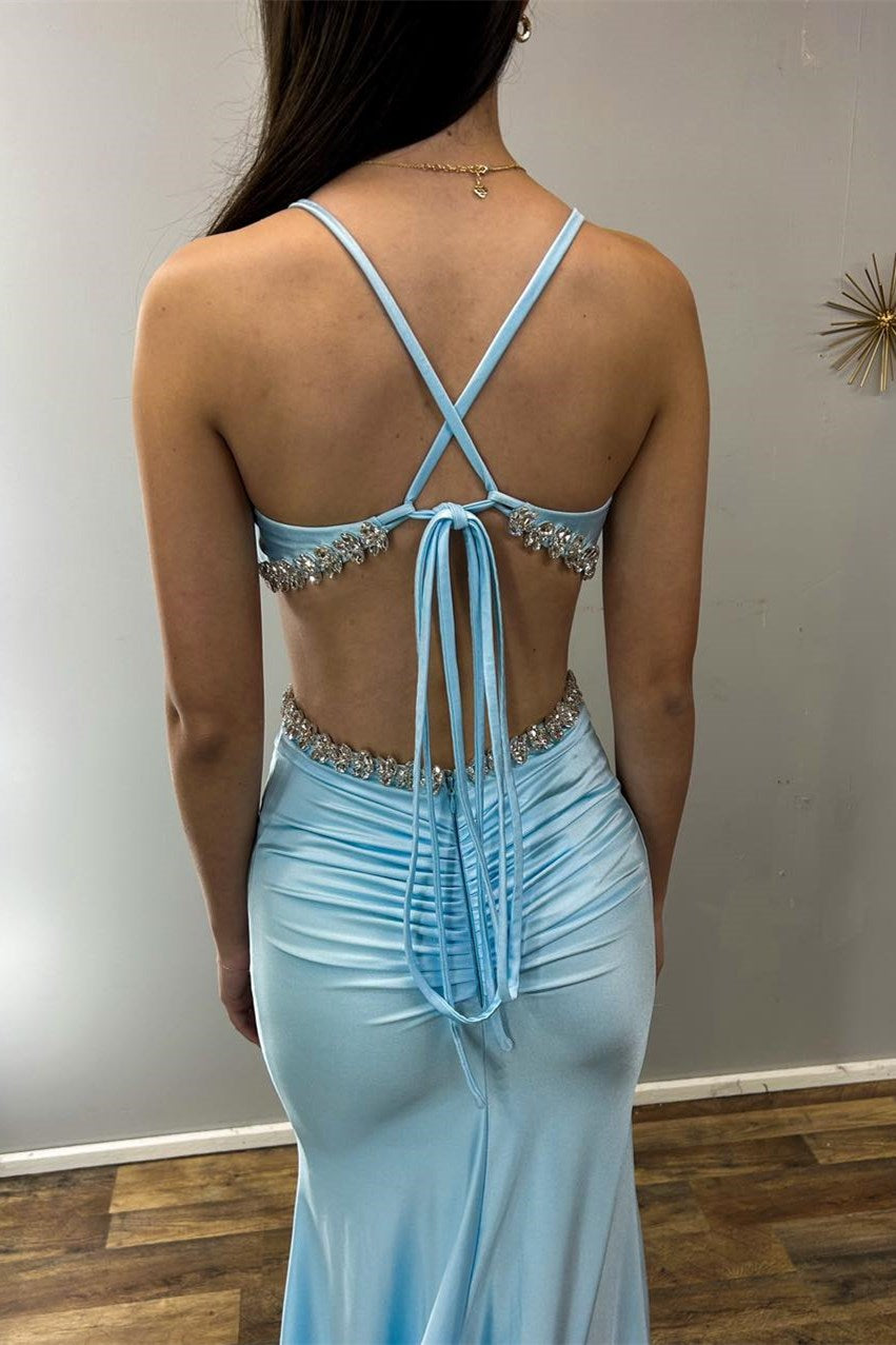 Enchanting Light Blue V-Neck Cutout Rhinestone Mermaid Long Formal Dress BM bride