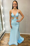 Enchanting Light Blue V-Neck Cutout Rhinestone Mermaid Long Formal Dress BM bride