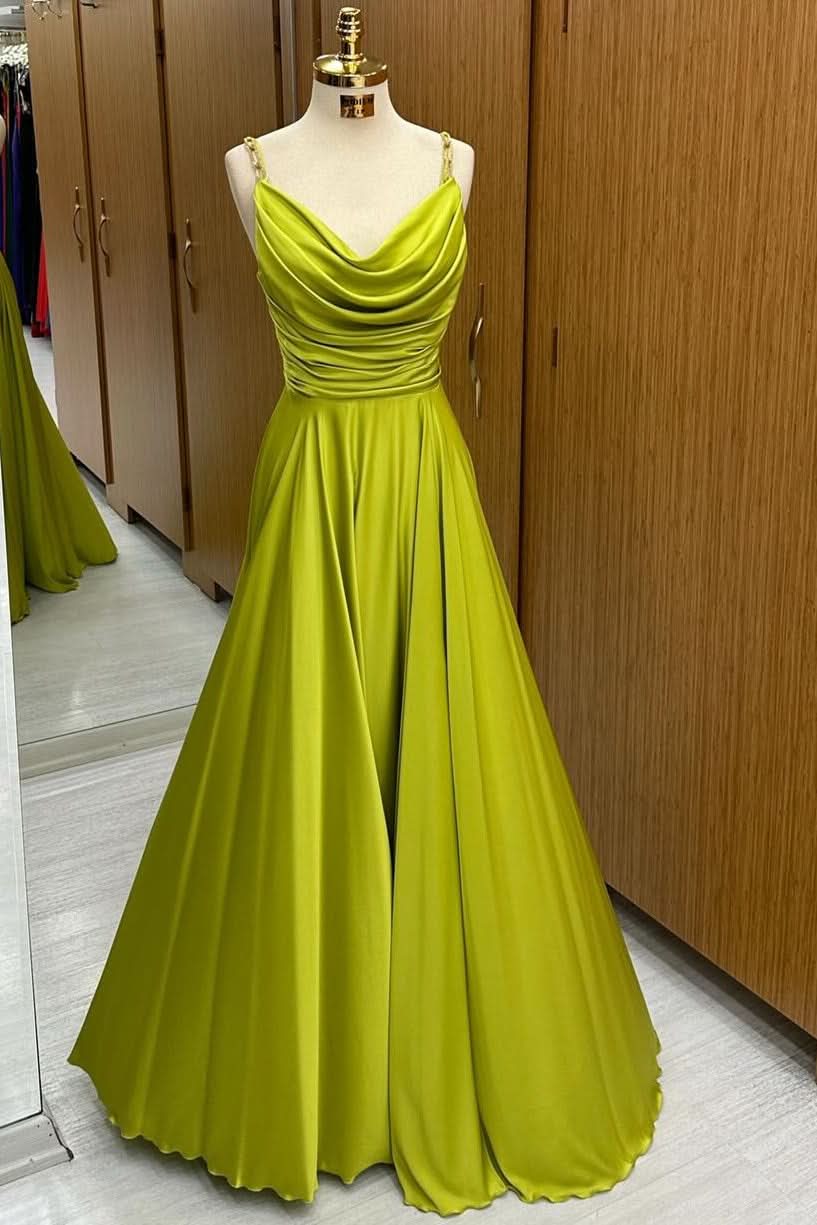Stylish Olive Green Cowl Neck Chain Strap A-Line Long Prom Dress BM bride