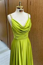 Stylish Olive Green Cowl Neck Chain Strap A-Line Long Prom Dress BM bride