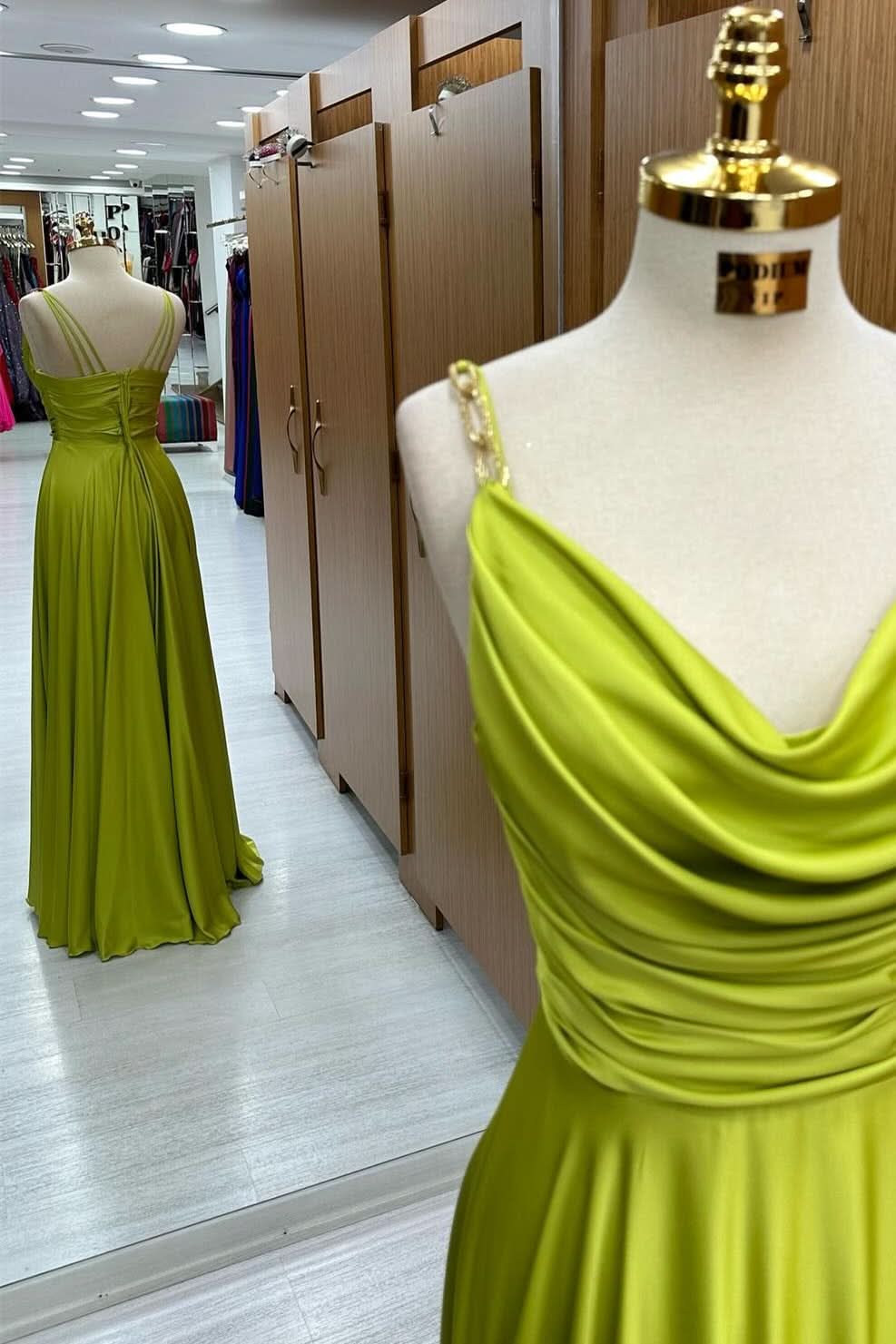 Stylish Olive Green Cowl Neck Chain Strap A-Line Long Prom Dress BM bride