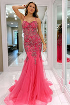 Exquisite Pink Beaded Spaghetti Strap Trumpet Long Gown BM bride